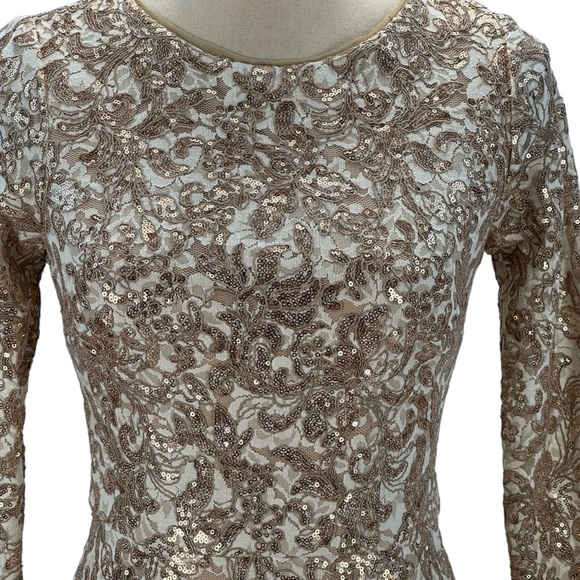 XScape Long Sleeve Sequin Lace Midi Dress - Beige / Sand - size 4P - Picture 2 of 12